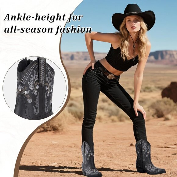 Women's Black Embroidered Side Zipper Comfortable Chunky Heel Western Boot - Picture 4 of 6